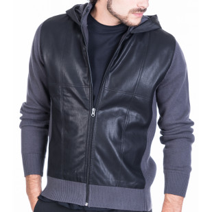 fake leather front full zipper sweater